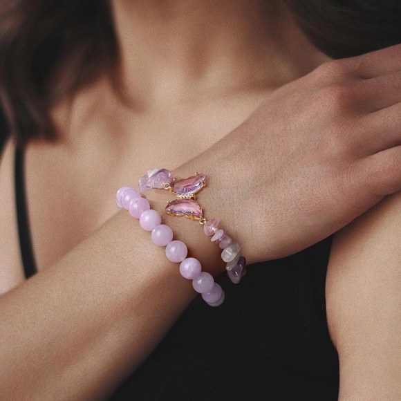 🆕New Purple Jade Crystal Bracelet Set with Butterfly Charm - Picture 3 of 6